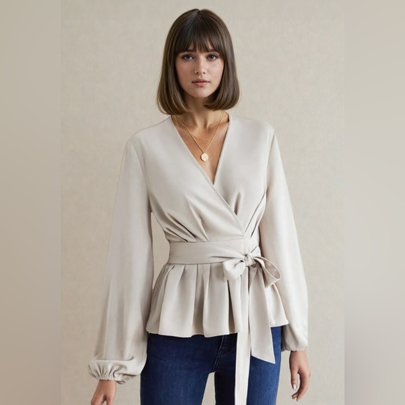 Beige Lantern Sleeve Peplum Blouse - Picture 1 of 5